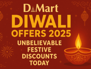 Diwali Offers 2025 at DMart banner with festive groceries, décor, and discounts