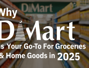 Indian shopper with DMart cart and grocery bags highlighting smart shopping tips and best deals, 2025